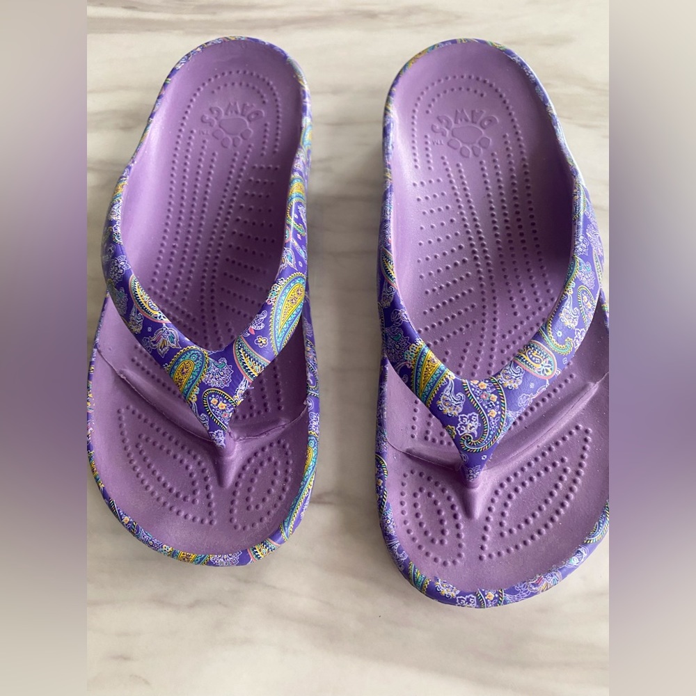 Purple paisley flip flops